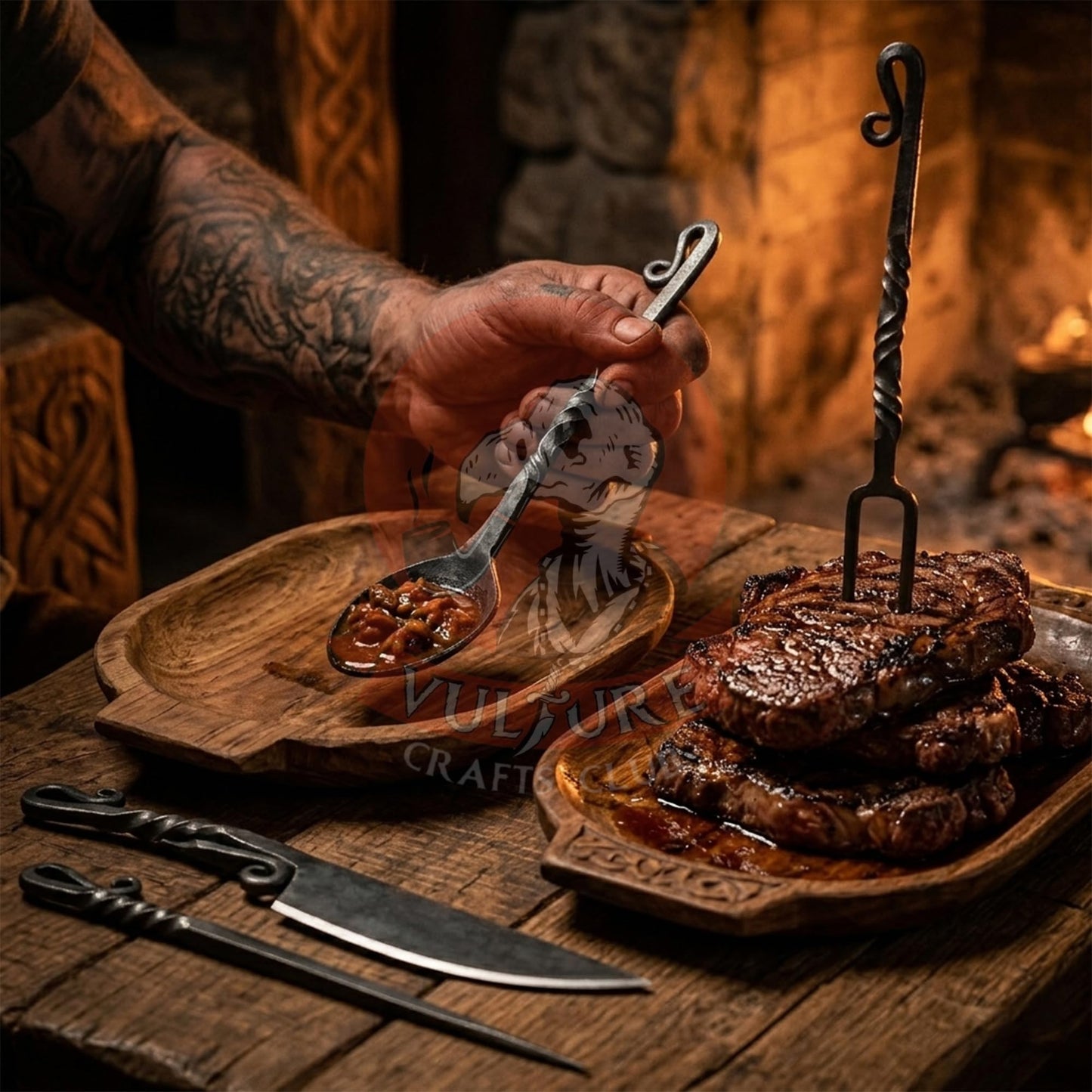 VULTURE CRAFTS CLUB, Medieval Silverware Set with Leather Cover - Hand Forged Medieval Cutlery Set - Viking Camping Utensils, Medieval Decor, Gifts - 4 Pcs Viking Utensils Set Fork Spoon and Knife Set (all Black)