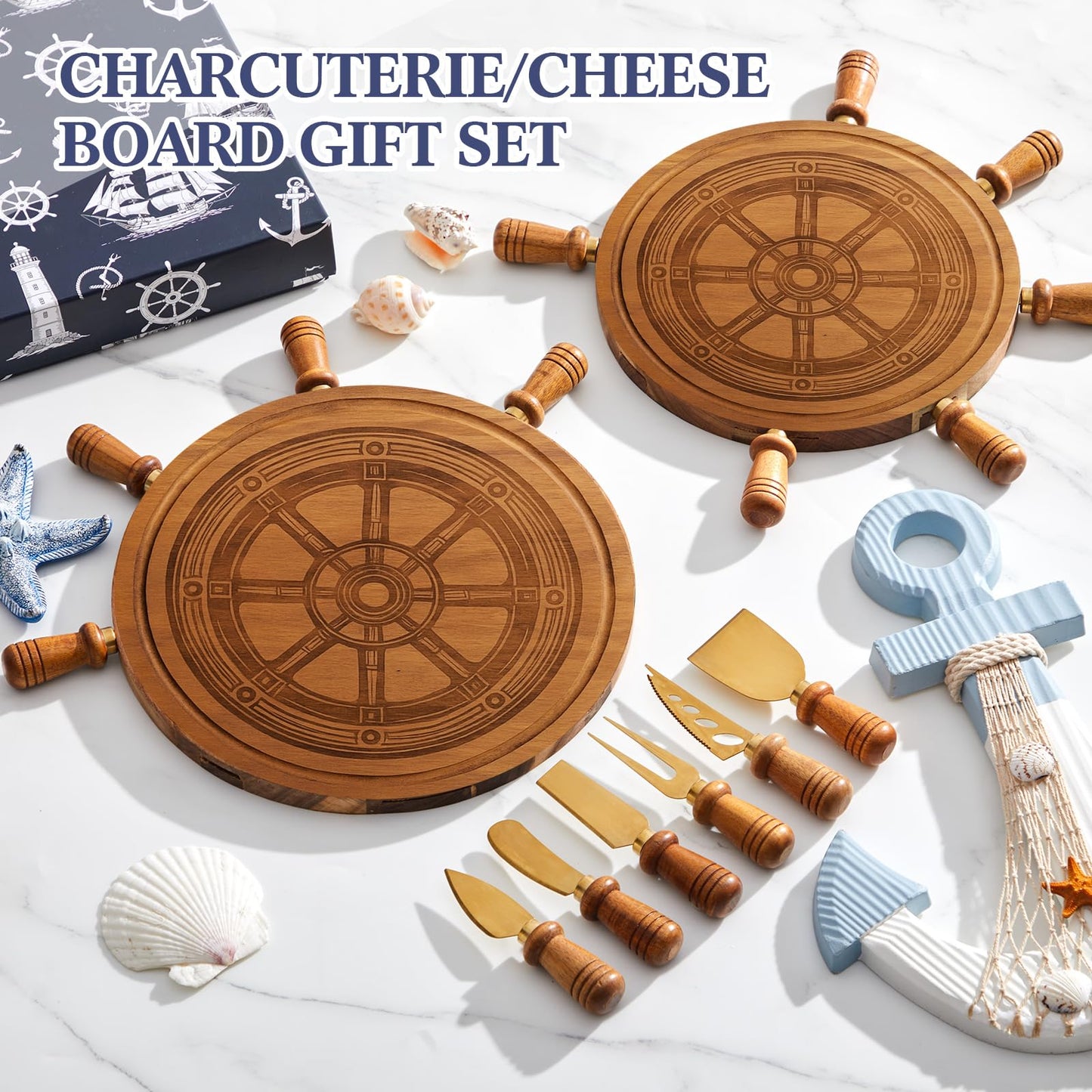 Ziliny Rudder Shaped Charcuterie Board Set Cutting and Cheese Board Wooden Platter with Knives and Forks Serving Trays Gift for Christmas Kitchen Food Fruit(Acacia)