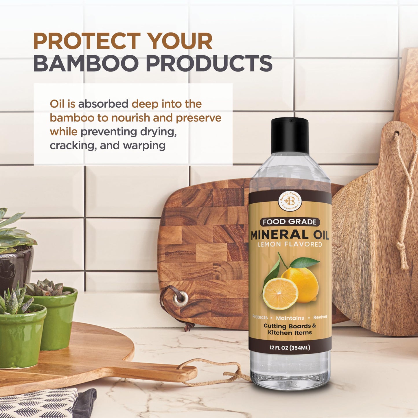 Food Grade Mineral Oil for Cutting Boards - 12 oz Lemon Enriched Butcher Block Oil & Wood Conditioner for Bamboo, Teak, Utensils, Marble, Soapstone, Restores & Protects, Made in USA