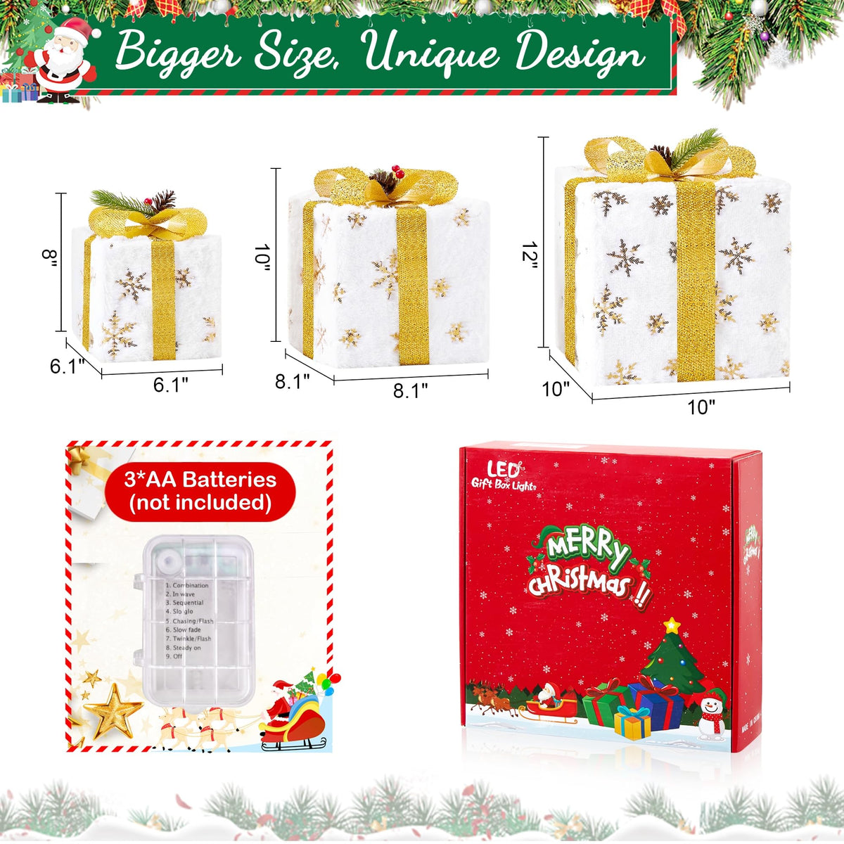 Set of 3 Christmas Lighted Gift Boxes, Plush Pre-lit 70 LED Light Up Present Boxes with Gold Snowflake, Battery Operated Christmas Decorations for Indoor Home, Housen Solutions