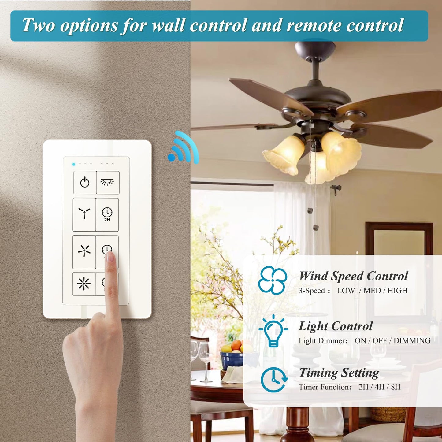 Smart WiFi Ceiling Fan Remote Control Kit, Universal 3 Speed Ceiling Fan Control with Dimmer, Compatible with Alexa, Google Assistant and Smart Life App, Remote Control Timing