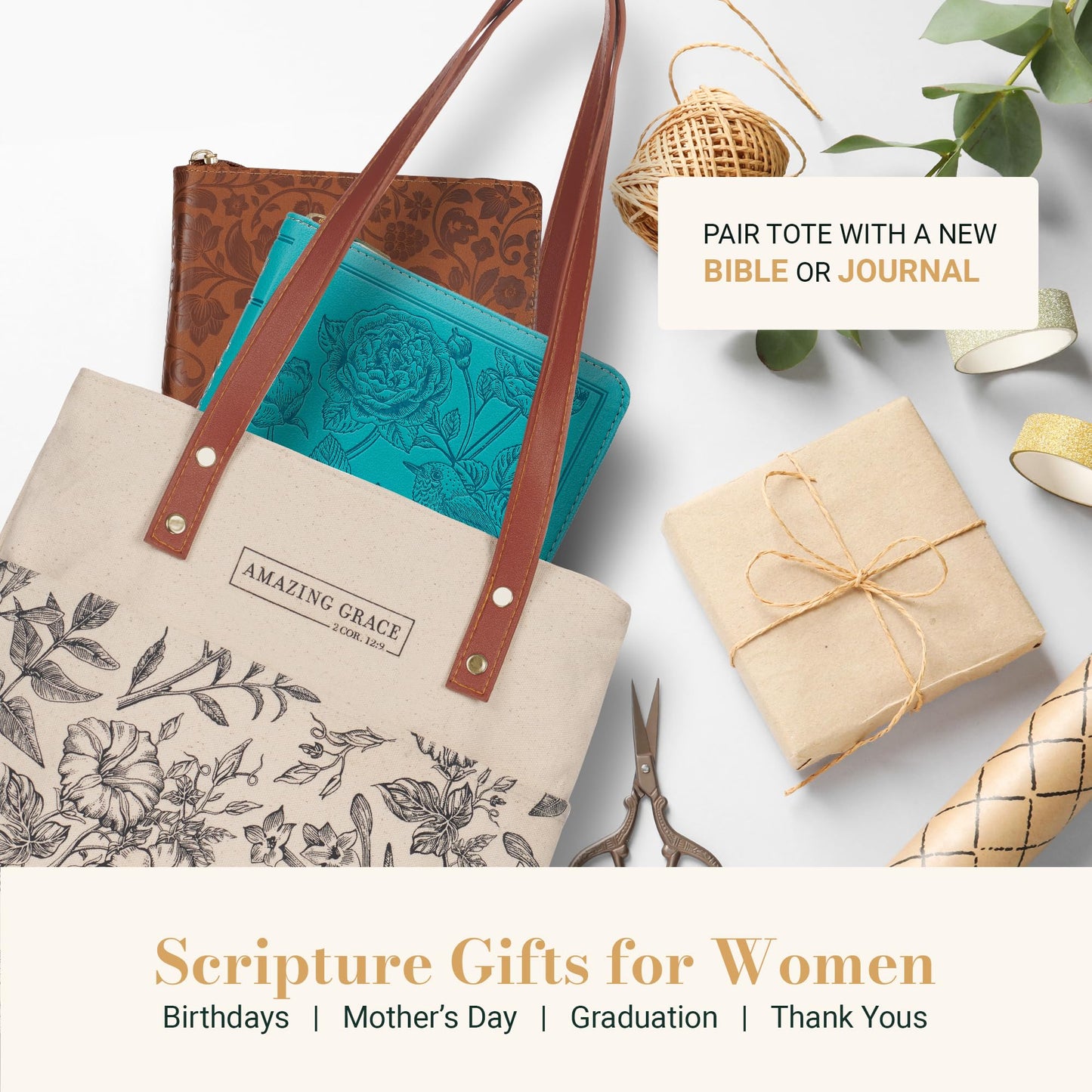 Christian Art Gifts Canvas Floral Tote Bag for Women: Amazing Grace Inspirational Scripture for Shopping, Supplies, Books, Accessories, Vegan Leather, Pocket, Zippered Closure, Creamy Tan & Brown