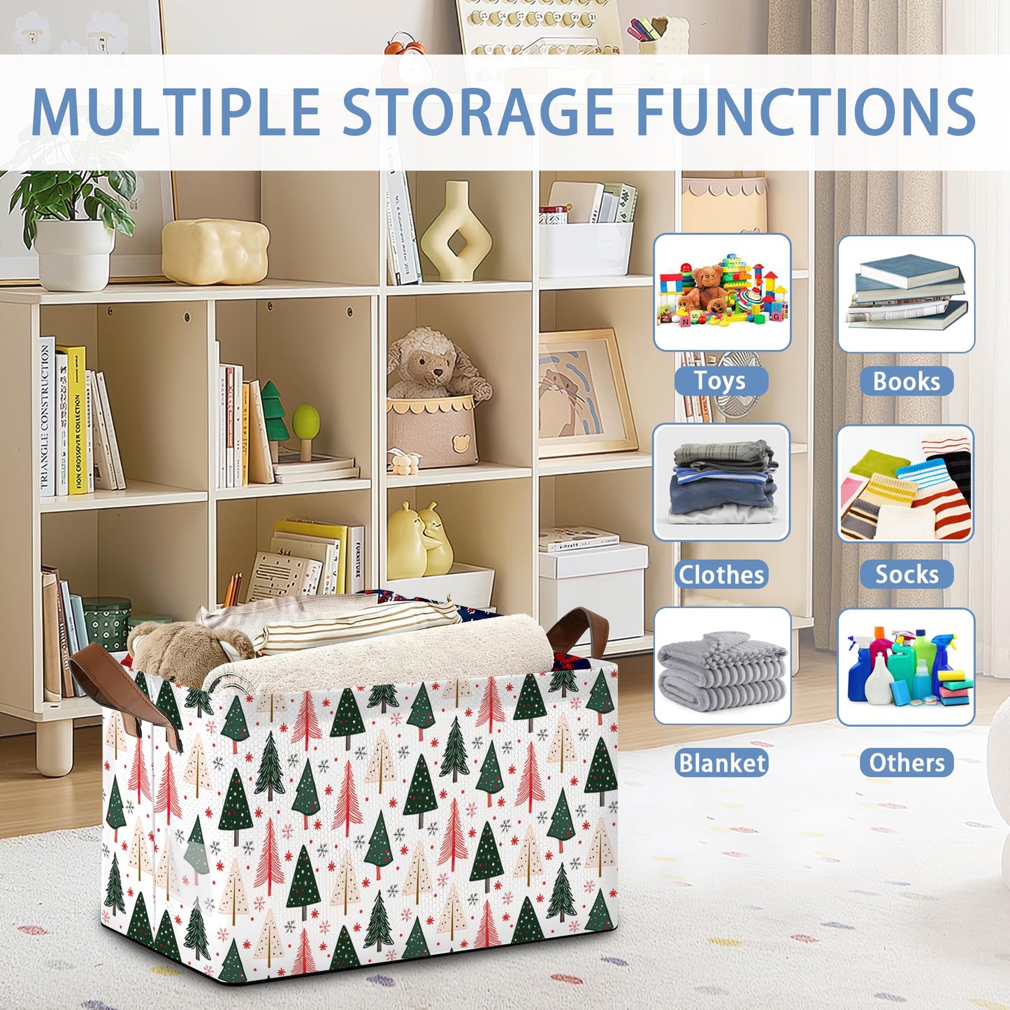 Masarua Christmas Tree Collapsible Storage Box,Winter Organizer Bin with Handles for Room Decoration,Bins Book Basket Box 17x11.5x10Inch
