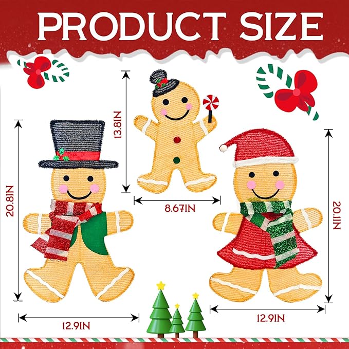 Light Up Gingerbread Man Christmas Decorations Outdoor, 53 LEDs Set of 3 Lawn Ornament, Outdoor Lighted Holiday Displays for Christmas Yard Decorations (Gingerbread Man)