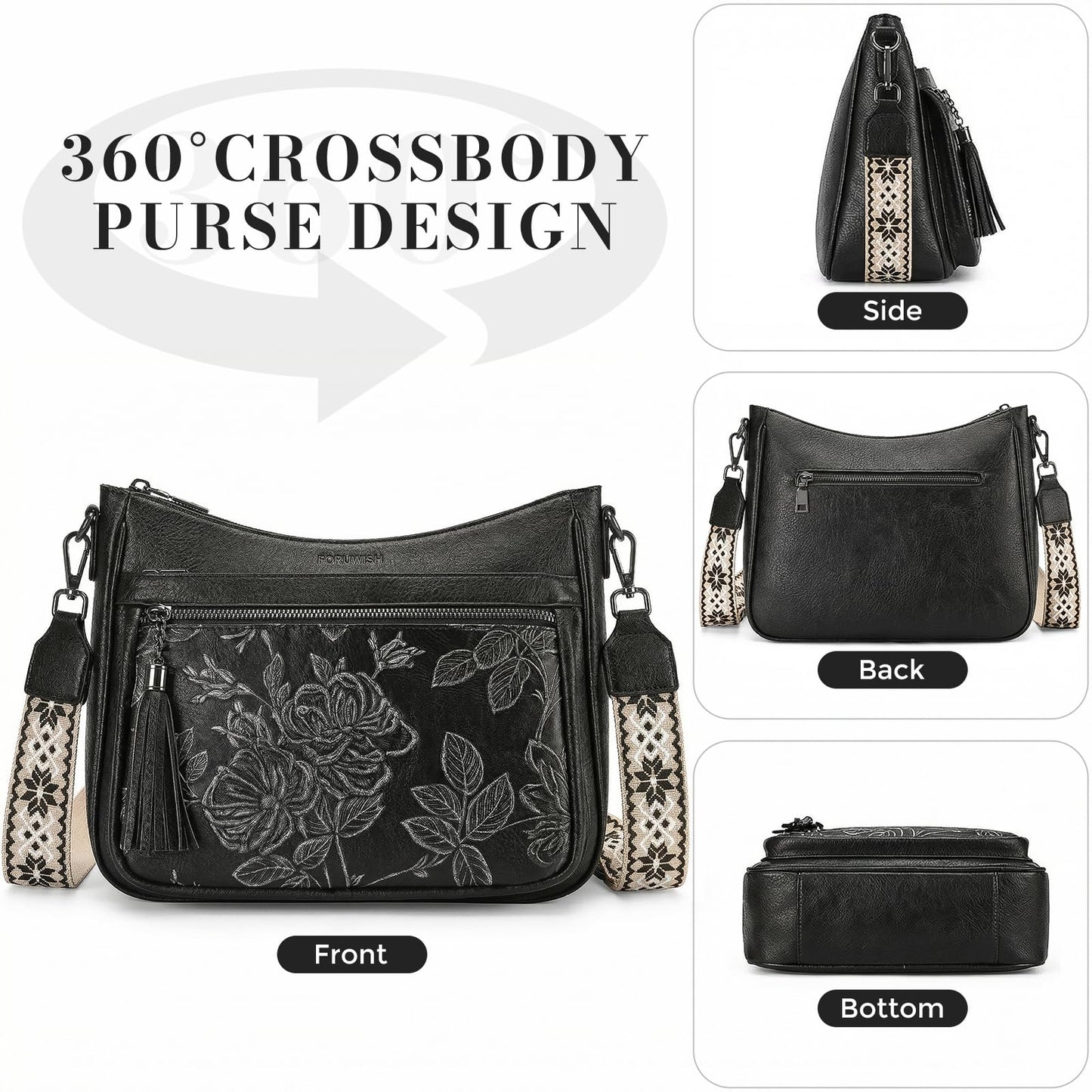 FORUWISH Crossbody Bags for Women, Black Silver Vegan Leather Medium Crossbody Purse, Spacious Daily Travel Shoulder Bag with Boho Strap
