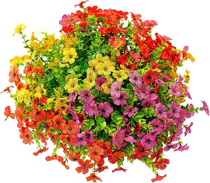 Outdoor Artificial Flowers, 16 Bundles Fake Flowers Summer Decoration, No Fade Faux Plastic Shrubs for Garden Patio Porch Window Box Decor (Mix 4 Color)
