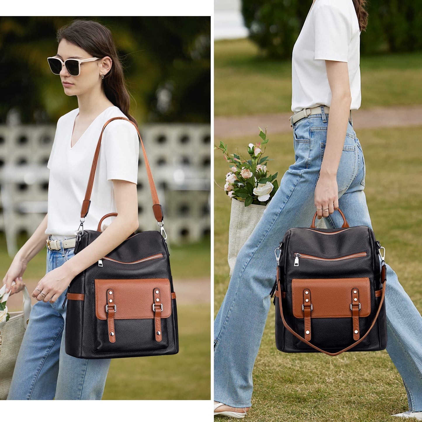 Over Earth Genuine Leather Backpack Purse for Women Fashion Shoulder Bag Ladies Crossbody Handbag(O188E Black/Brown RP)