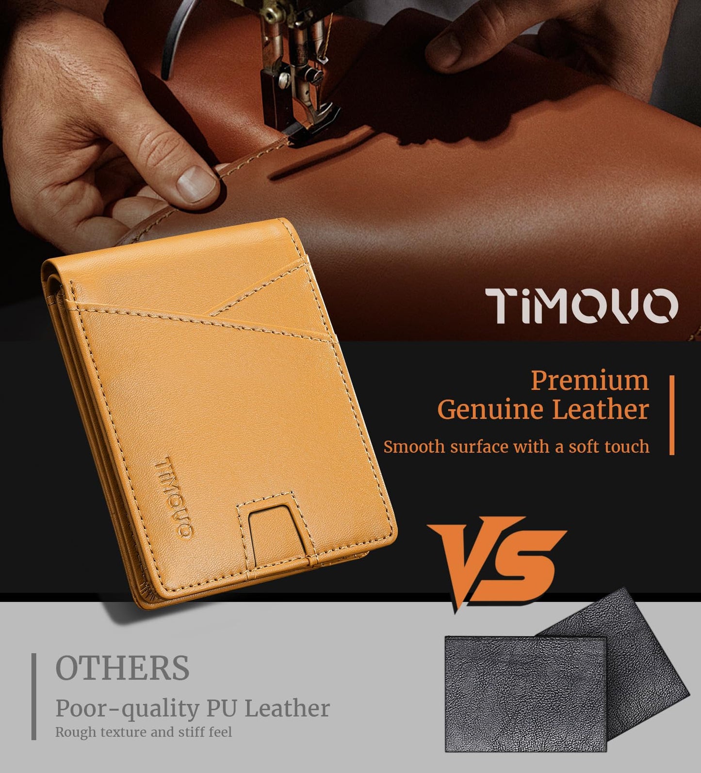 TiMOVO Slim Wallet for Men with RFID Blocking, Khaki Casual Leather Bifold Wallet with 2 ID Window, Multifunct Quick Slot Design, Gift Box Included, Khaki