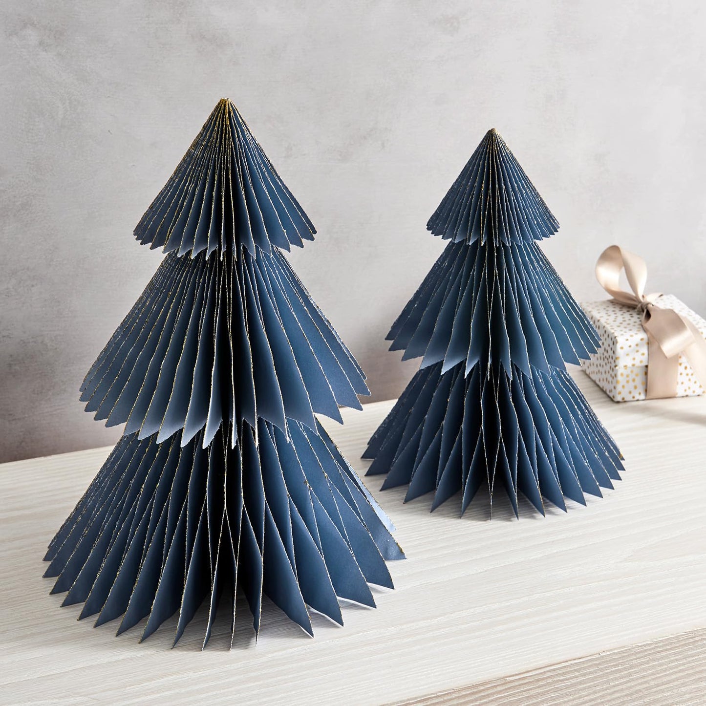 LampLust Paper Christmas Tree Decor, 2 Pack Dusty Blue Honeycomb Paper Trees, 10" & 12", Blue Decor, Winter Wonderland Decorations, Winter Table Centerpieces, Winter Decorations, Mini Ornaments
