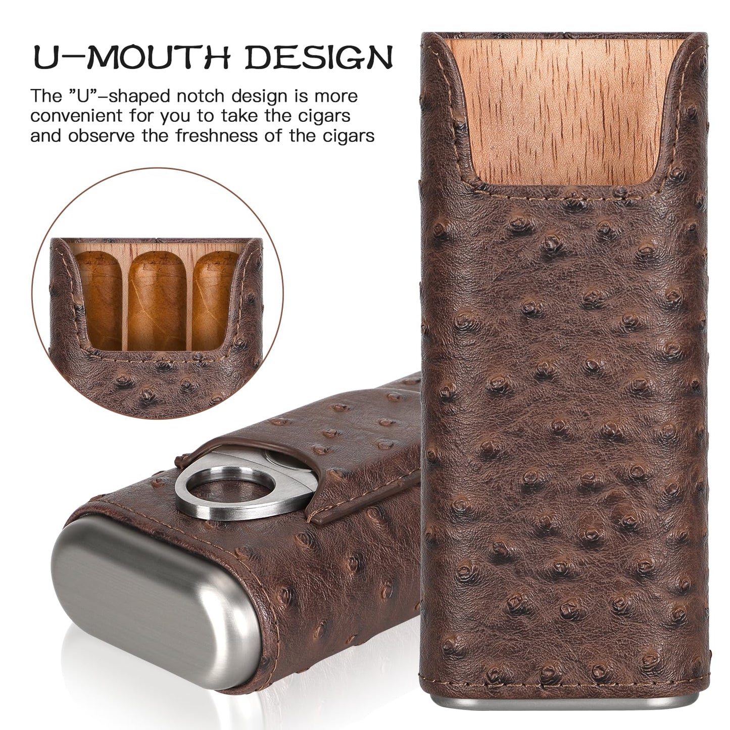 COOL KNIGHT Leather Cigar Case - Cedar Wood Lining Travel Humidors for Cigars - Cigar Accessories Include Stainless Steel Cigar Cutter - Cigar Gift Box for Cigar Lovers (Ostrich Texture)