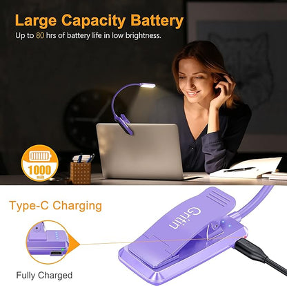 Gritin 9 LED Rechargeable Book Light for Reading in Bed - Eye Caring 3 Color Temperatures,Stepless Dimming Brightness,80 Hrs Runtime Small Lightweight Clip On Book Reading Light for Studying-Purple