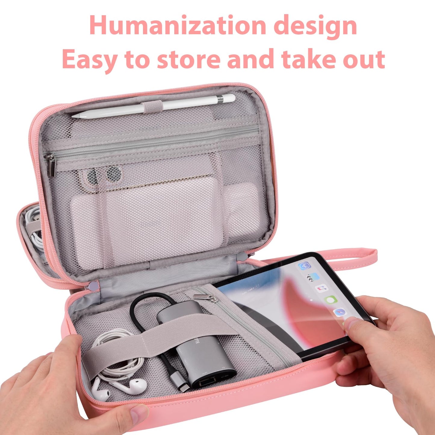DDgro Electornics Travel Organizer Case for Cable/Cords/Charger/Tech Accessories, Large Pouch Bag for Woman (Pink, PU-Large)