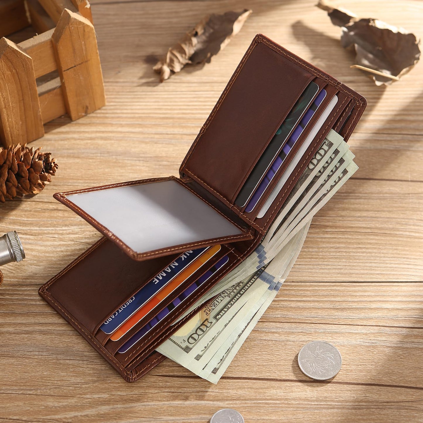 MirthfulMemento Custom Wallets for Men - Personalized RFID Genuine Leather Wallet for Men Engraved Name & initial Wallet, Dad Gifts for Fathers Day (Brown)
