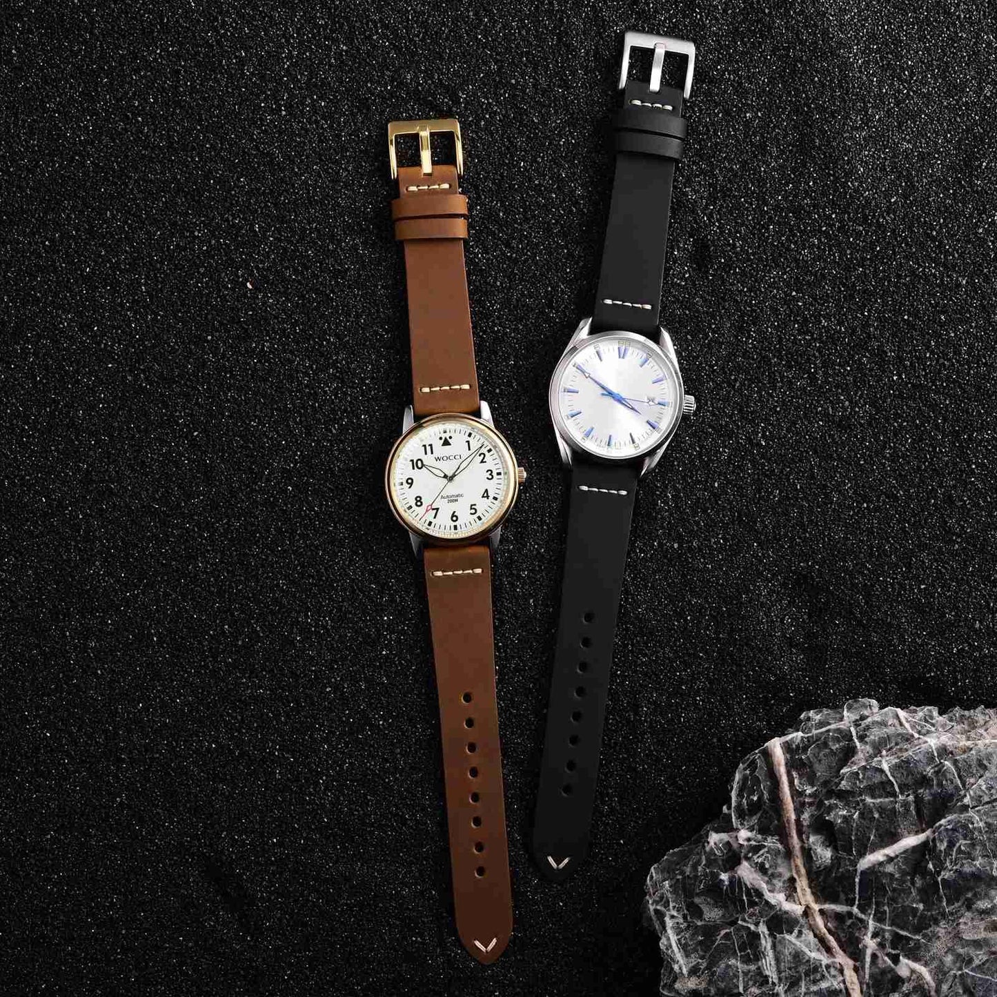 WOCCI 22mm Old-fashioned Watch Band for Men, Top Grain Leather, Silver Brushed Buckle (Caramel Brown)