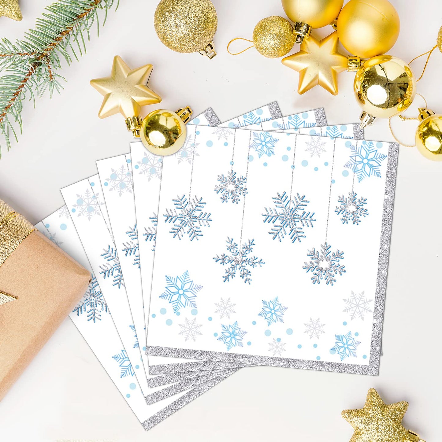 Dulousia Snowflake Napkins, Disposable Wonderland Party Paper Napkins, Luncheon Blue White Snow Theme Party Decorations, Birthday Beverage Napkin, Winter Celebration Supplies, Unfolded 13x13in, 40Ct