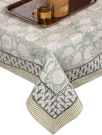 ATOSII Jade 100% Cotton Rectangle Boho Fall Tablecloth, Handblock Floral Table Cloth Linen for Kitchen Dining I Parties Wedding Outdoors Christmas Thanksgiving I 72 X 140 Inches I 12 Seater