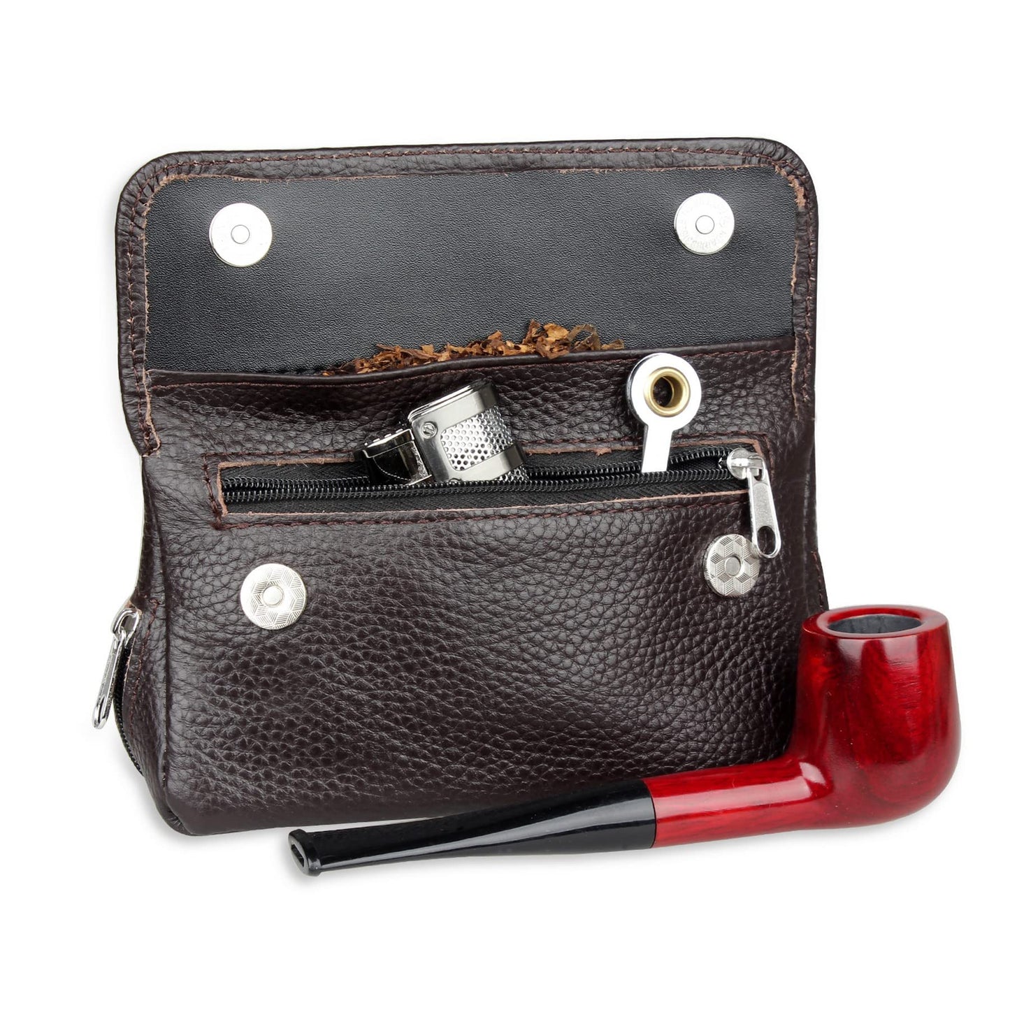 Genuine Leather Smoking Tobacco Pipe Pouch Case Bag for 2 Pipes Tamper Filter Tool Cleaner Preserve Freshness (Brown)