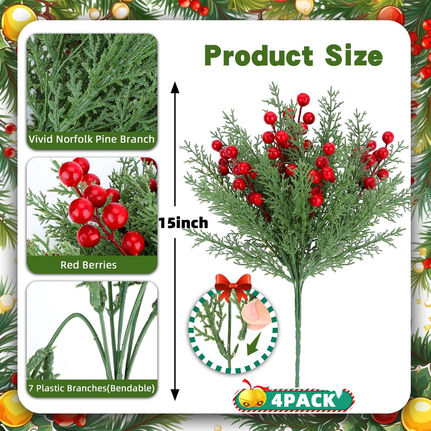 ICEROYCE 4 Bundles 140 Pcs Artificial Christmas Flowers with Red Berry Stems, Fake Norfolk Pine Garland Branches for Winter Decor, Faux Christmas Garland Tree Picks and DIY Crafts (Pine Foliage)