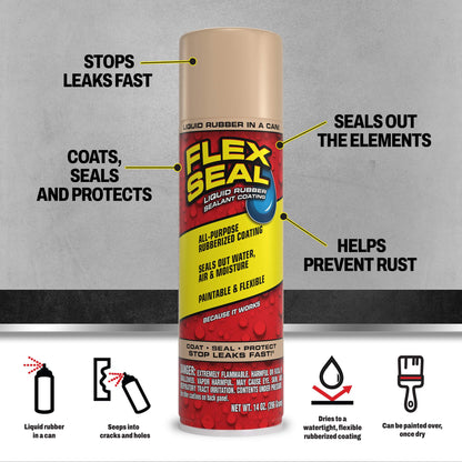 Flex Seal, 14 oz, Almond, Stop Leaks Instantly, Waterproof Rubber Spray On Sealant Coating, Perfect for Gutters, Wood, RV, Campers, Roof Repair, Skylights, Windows, and More