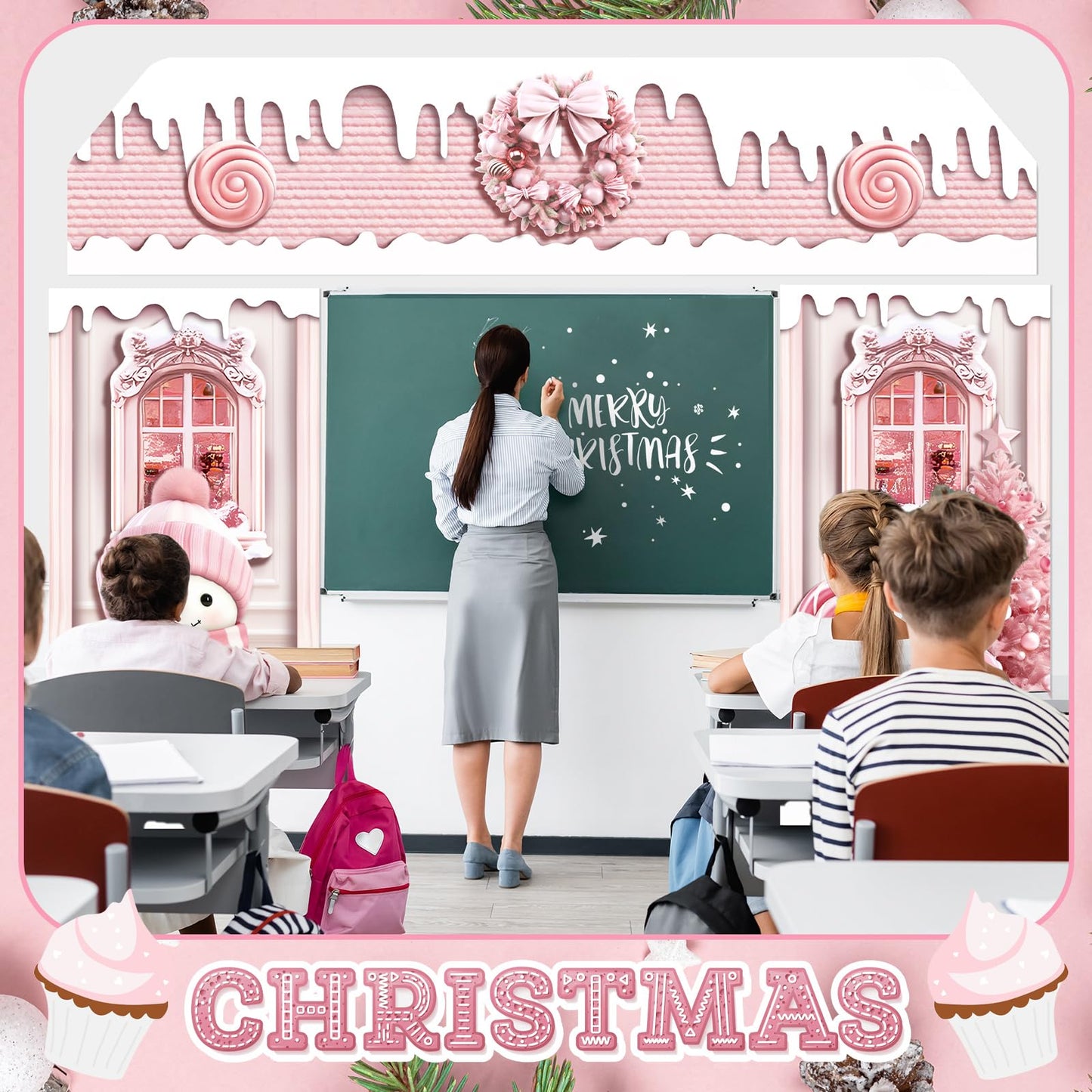 HunnmingRe 3 Pcs Christmas Gingerbread House Decorations Gingerbread Door Covers Backdrop Christmas Door Banners for Xmas Holiday Party Photography Photo Background Decor(Pink Style)