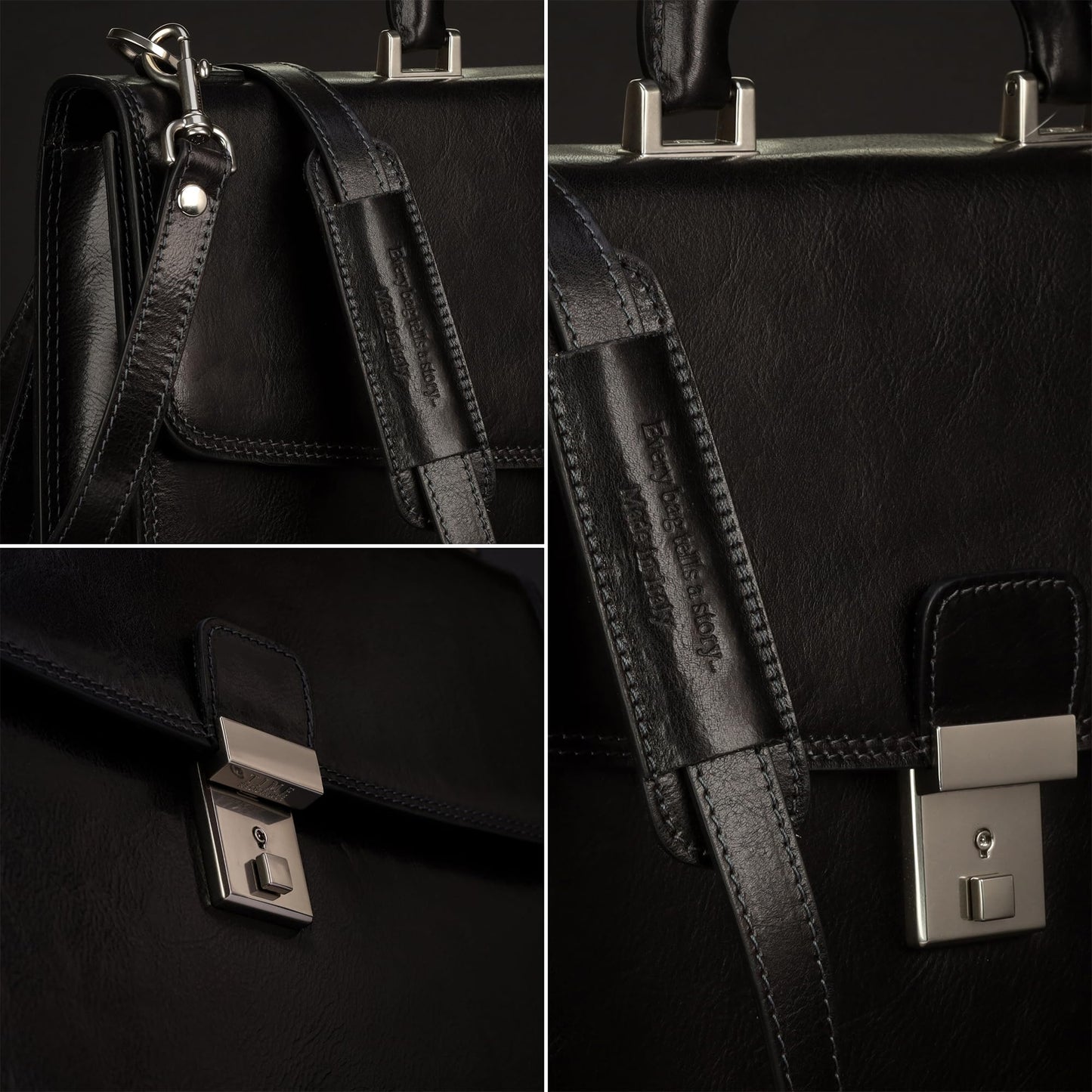 Time Resistance Leather Briefcase - Italian Handmade Leather Laptop Bag - Handbag for Men - Professional Computer Case (Black)