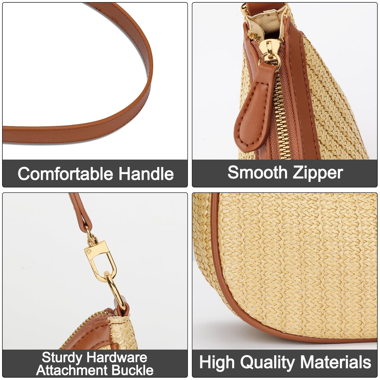 KKXIU Summer Straw Beach Woven Shoulder Bag Vacation Clutch Purses for Women Hobo Tote Handbags ((Brown+khaki)