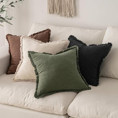MIULEE Decorative Throw Pillow Covers Neutral Linen Fringe Throw Pillows Euro Shams Set of 2 Black Boho Farmhouse Cushion Covers for Couch Sofa Bed Living Room Spring Home Decor 26x26 Inch