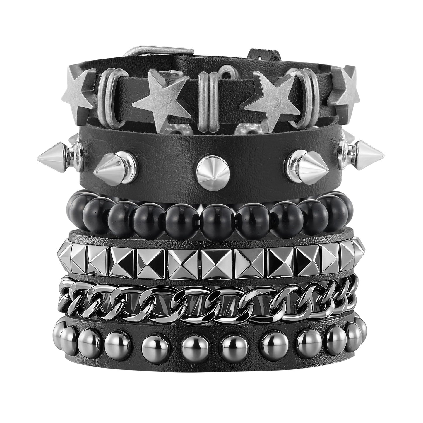 JAZTAKU Mens Spiked Studded Bracelet Black Leather Rivet Punk Bracelet Cuff Wrap Bangle Snap Button Metal Wristband for Men Women
