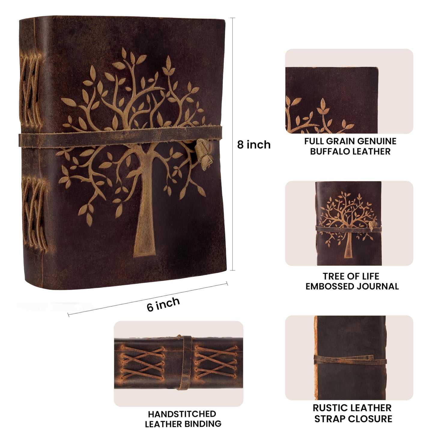 LEATHER VILLAGE Tree of Life Journal - 8 X 6 (A5) inches - Rustic Brown - 200 Antique Deckle Edge Handmade Paper – Book of Shadows - Vintage Leather Bound Journal for Women & Men