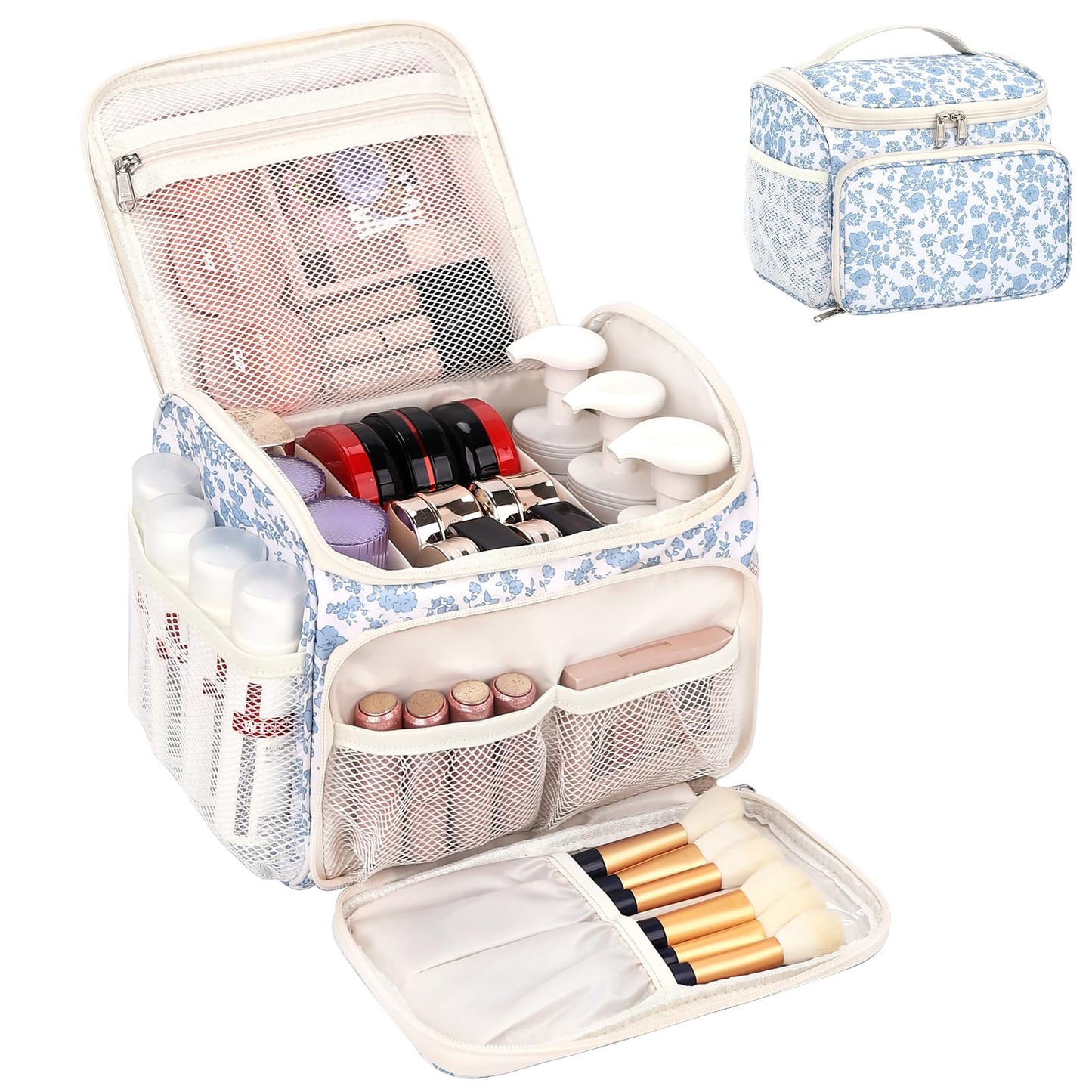 CUBETASTIC Travel Makeup Bag, Floral Make Up Bag with Brush Compartment, Vertical Storage Toiletry Bag with Partitions, Large Make Up Pouch for Women, Portable Makeup Case with Multi-Pockets