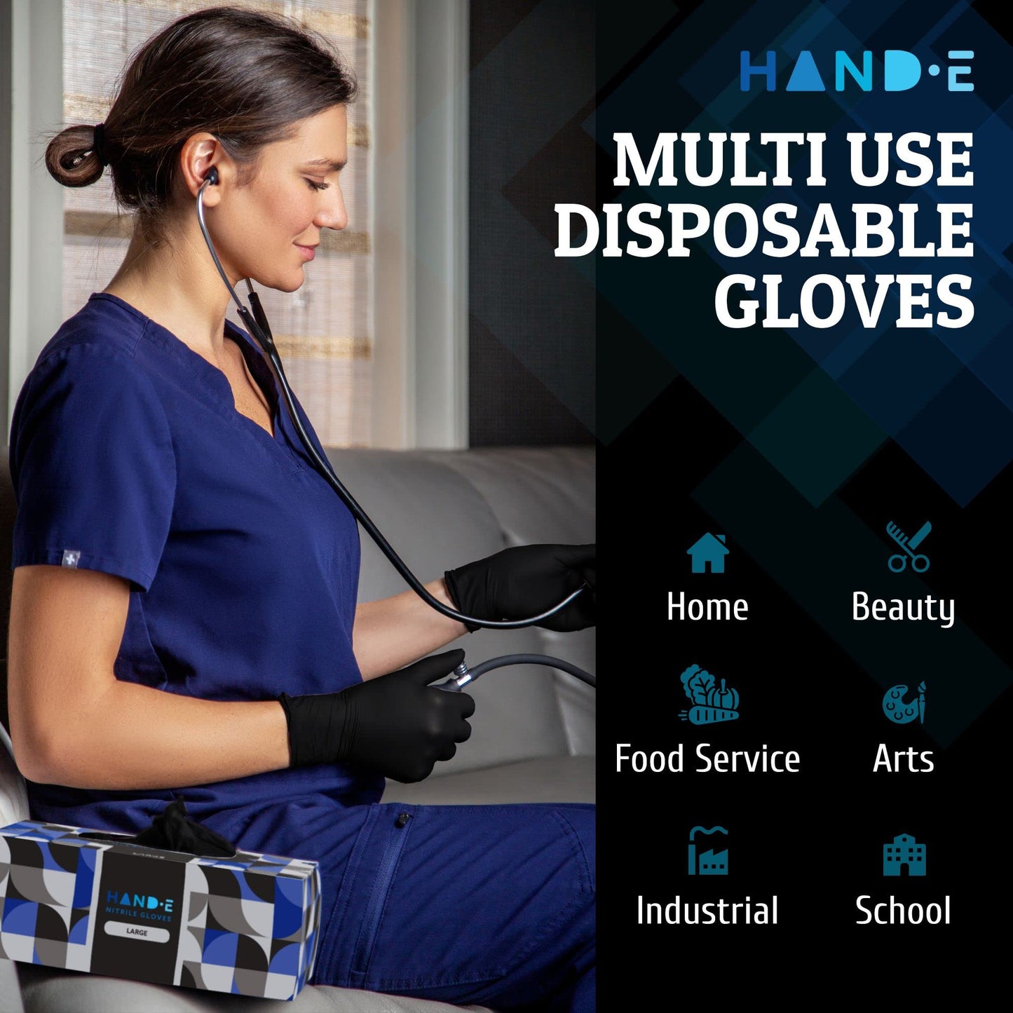 Hand-E Touch Black Nitrile Disposable Gloves Large, 50 Count - BBQ, Tattoo, Hair Dye, Cooking, Mechanic Gloves - Powder and Latex Free - Tattoo Supplies