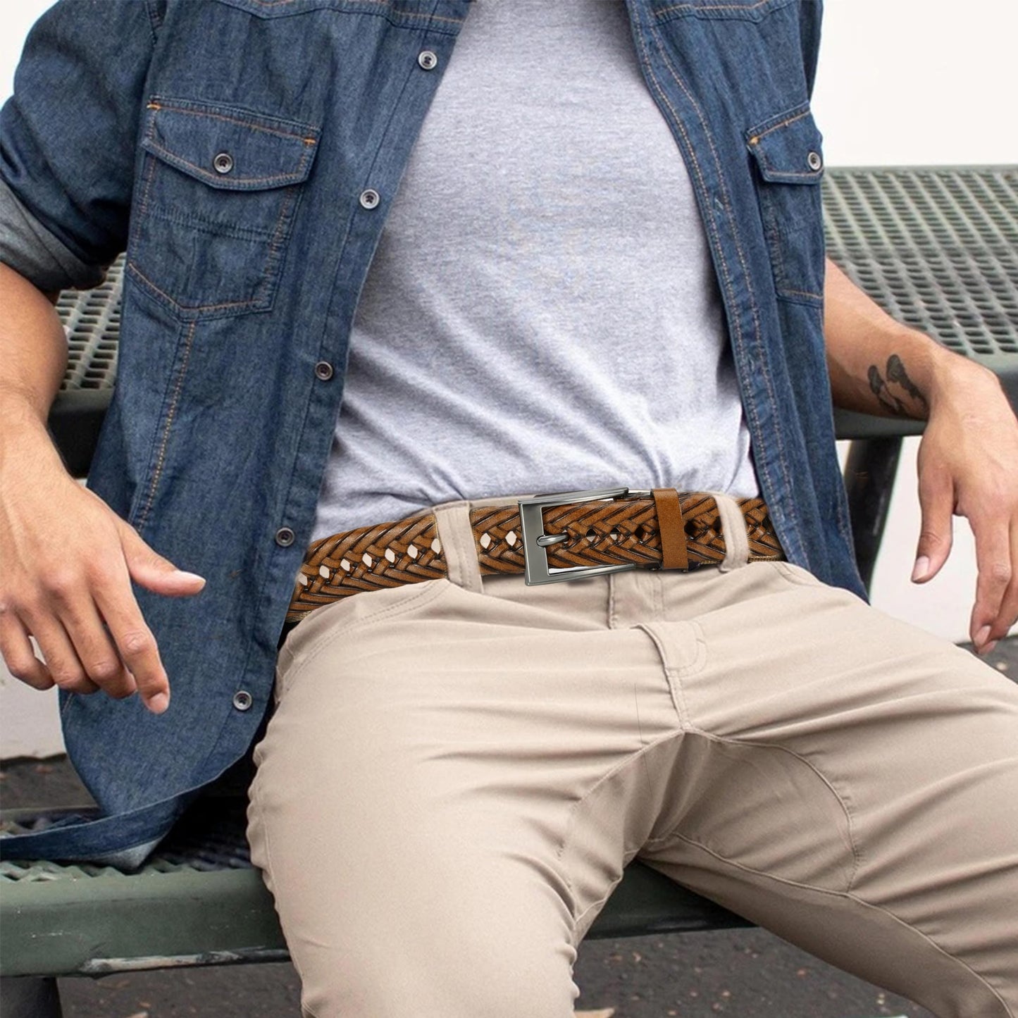 DOOPAI Men's Braided Leather Dress Belt - Comfort Fit, Adjustable Strap, Fashion Hand Woven - Brown Belt for Casual Dress Golf Jeans