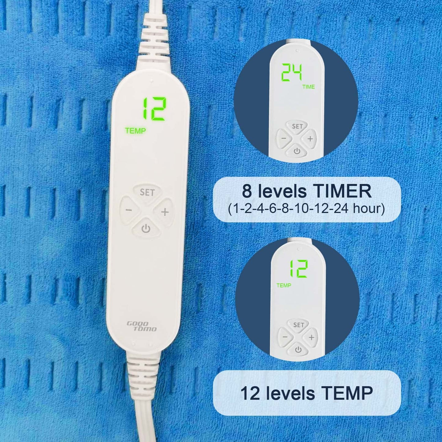 GOQOTOMO Full Weighted Electric Heating Pad for Back/Waist/Abdomen/Shoulder/Neck Pain and Cramps Relief - 2.3 lb Weighted with Auto-Shut Hot Heated Pad(12 * 24", LB002) Blue&White Grid