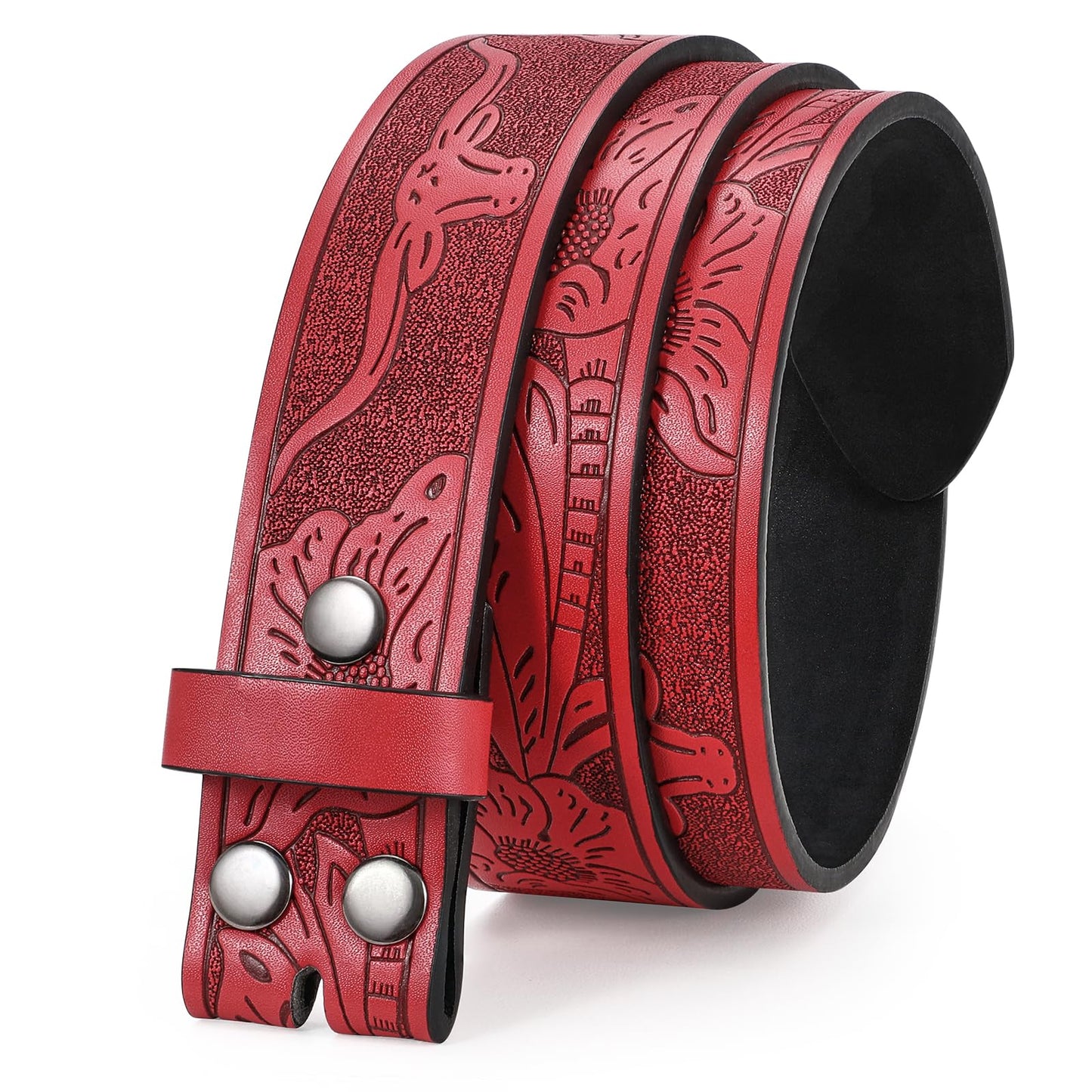 UpFind Western Leather Belt Strap without Buckle for Women Men Retro 1.5" Wide Floral Engraved Cowboy Cowgirl Belts for Jeans, Red