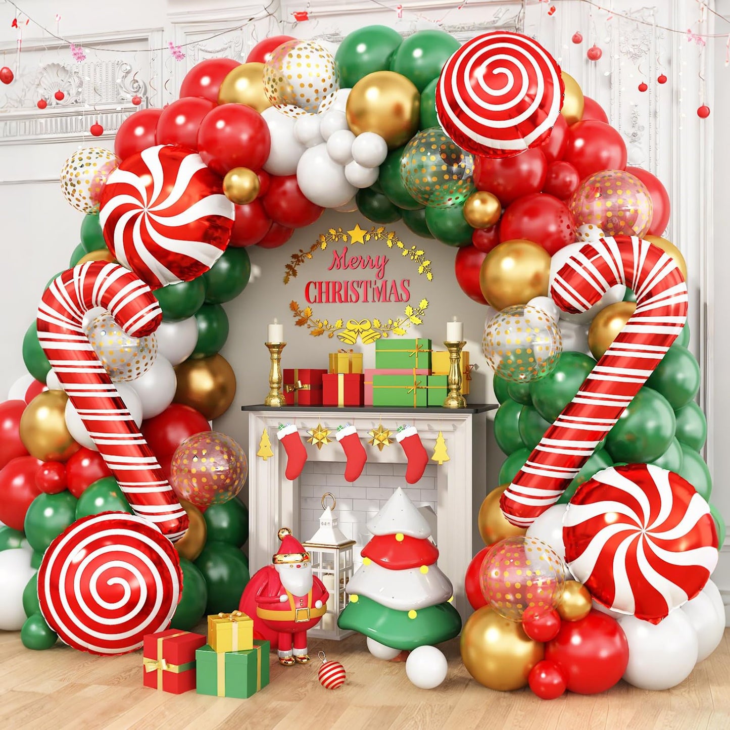 Christmas Balloon Garland Arch Kit, Red Green White Gold Balloons with Large Candy Cane Swirl Mylar Star Foil Balloons for Holiday Xmas Party Decorations