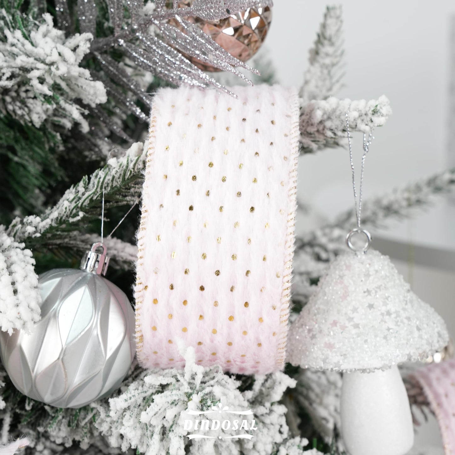 DINDOSAL Pink and Gold Christmas Ribbon 2.5" X 10 Yards Pink Faux Fur Wired Ribbon for Christmas Tree Decoration, Polka Dot Ribbon Wired for Bows, Wreaths, Garlands, Gift Wrapping, Home Decor