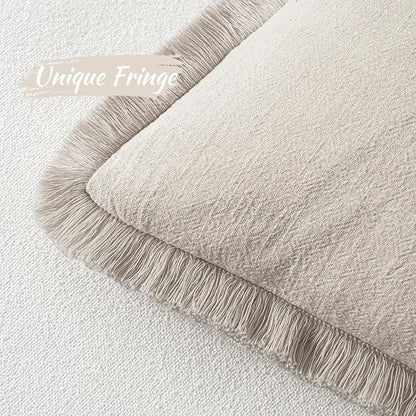 MIULEE Christmas Decorative Throw Pillow Covers Neutral Linen Fringe Throw Pillows Set of 2 Natural Beige Boho Farmhouse Cushion Covers with Tassels for Couch Sofa Bed Living Room Decor 16x16 Inch