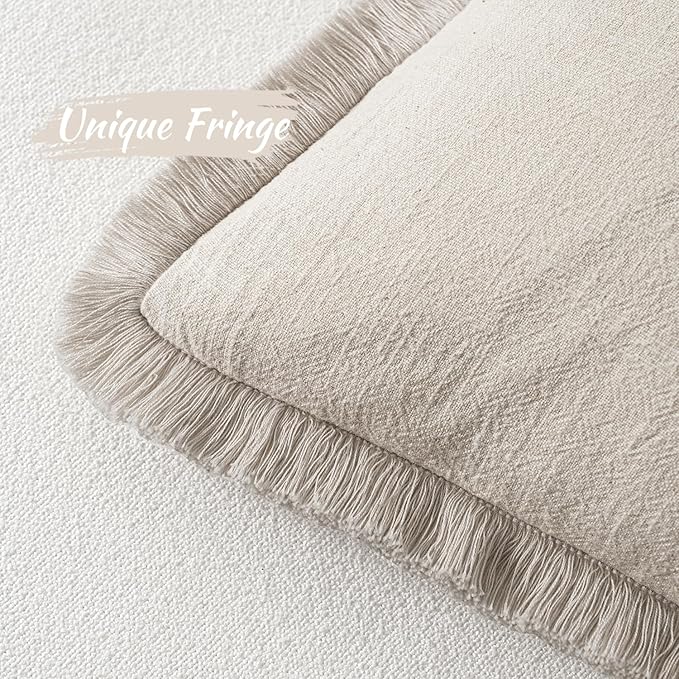 MIULEE Christmas Decorative Throw Pillow Covers Neutral Linen Fringe Throw Pillows Euro Shams Set of 2 Natural Beige Boho Farmhouse Cushion Covers for Couch Sofa Bed Living Room Home Decor 26x26 Inch