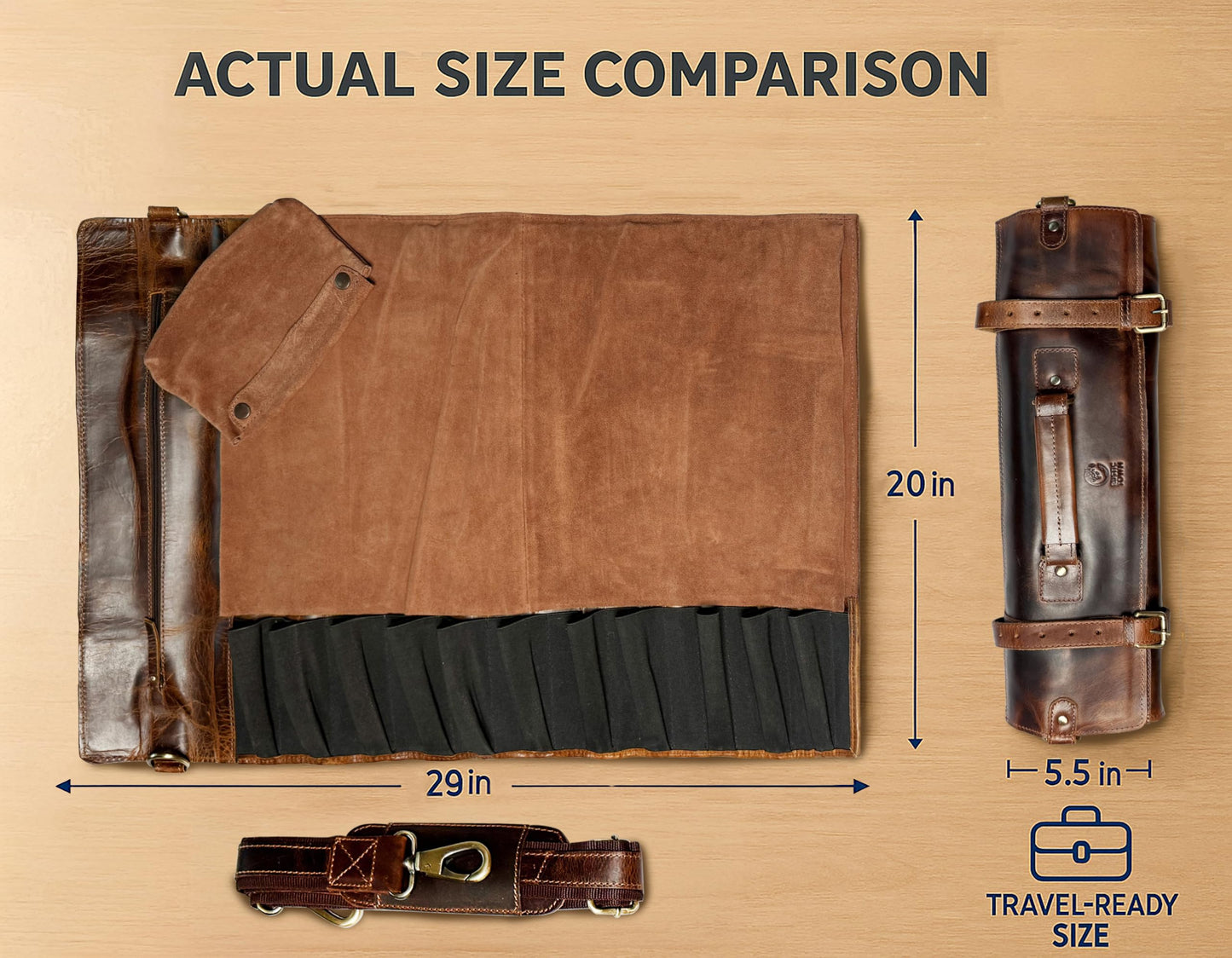 RUSTIC TOWN Leather Knife Roll Storage Bag | Elastic and Expandable 11 Pockets with Tool Pouch | Adjustable/Detachable Shoulder Strap | Travel-Friendly Chef Knife Case Roll (Walnut Brown)
