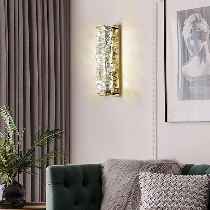 Crystal Wall Sconces Set of 2 Gold Crystal Wall Lighting with LED ‎Adjustable Color Temperature Modern Wall Lights Indoor Beautiful Glass Wall Light for Bedroom Living Room Hallway