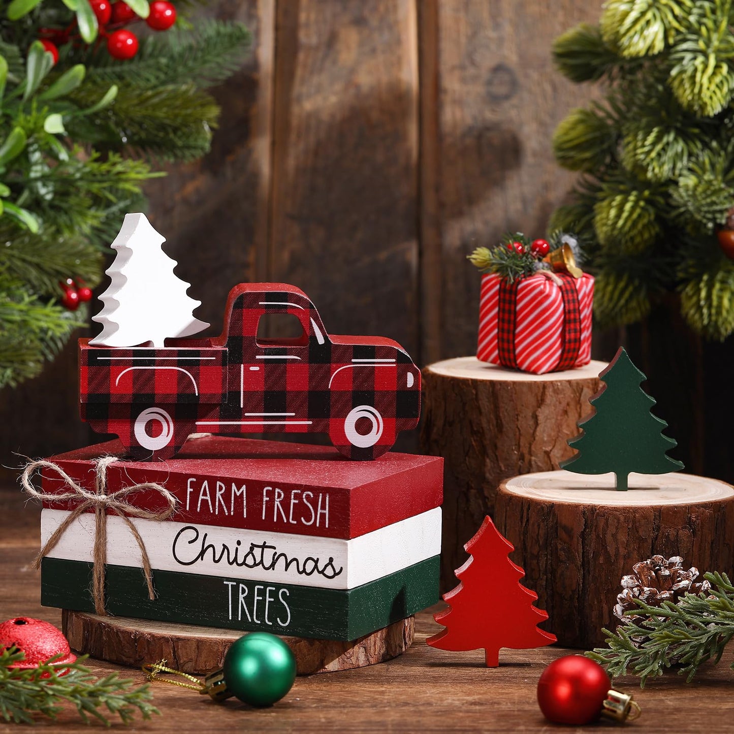 DoubleFill 7 Pcs Christmas Tiered Tray Decor Christmas Table Centerpiece Wooden Red Truck Tree Decor Block Sign 3 Faux Books Bundle with Twine for Xmas Bookshelf Farmhouse Home Party Rustic Decoration