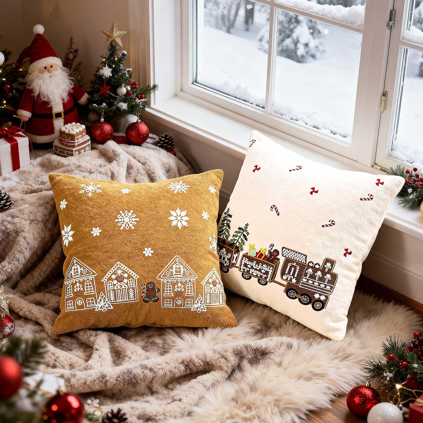 Lanpn 16x16 Christmas Pillow Covers Set of 2, Embroidery Gingerbread Man House Decorative Holiday Pillowcase Pillow Case Cushion 16 x 16 for Indoor Home Bedroom Sofa Couch Xmas Decor