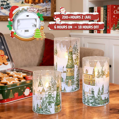 Christmas Flickering Flameless Candles Village House Decor Glass Real Wax LED Battery Operated Pillar Candle with Remote Timer Christmas Church Decorations for Home Party, Winter Holiday DIY, Gifts