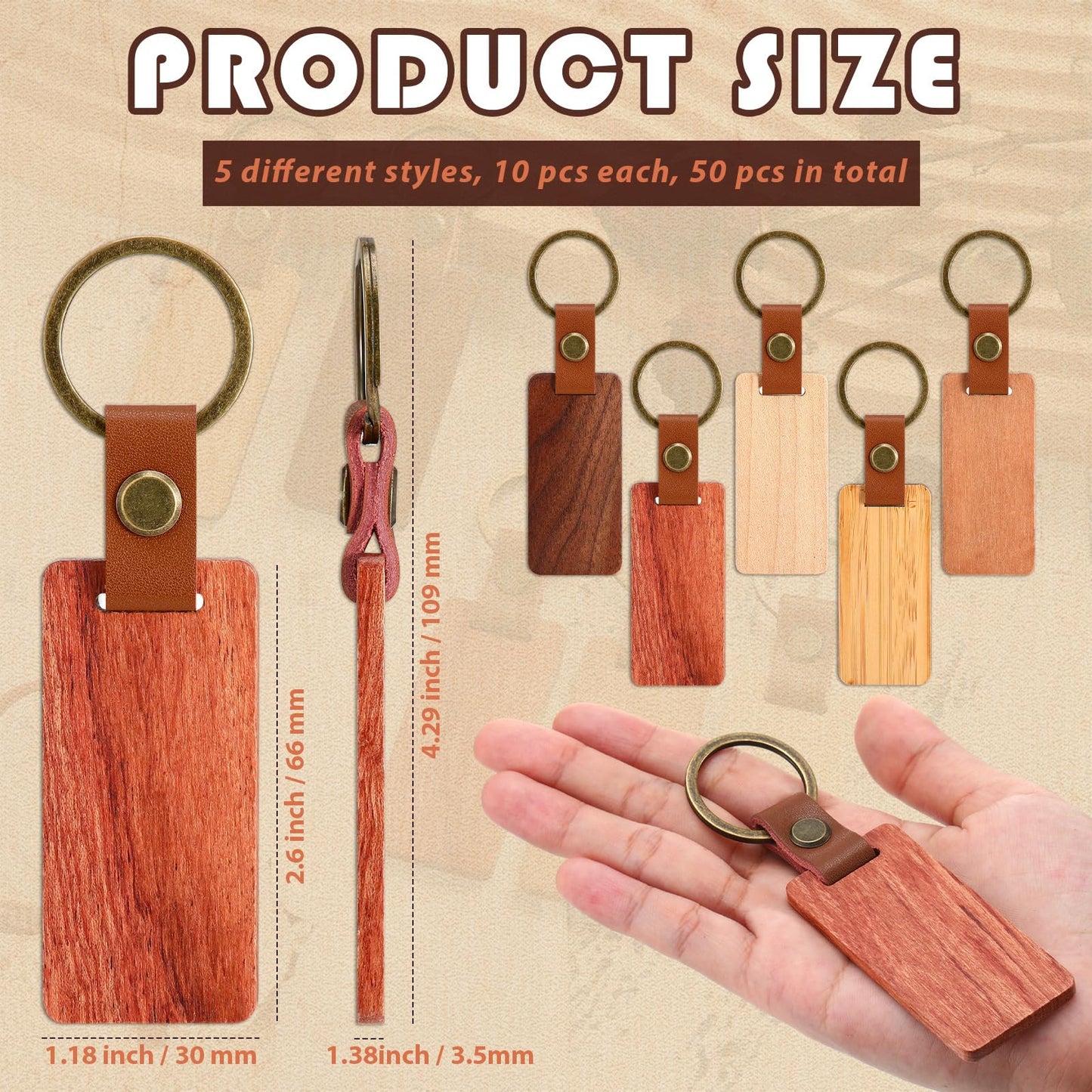 Sasylvia 50 Pcs Leather Keychain Blanks Wooden Keychain Blanks Unfinished Wood Tags with Leather Strap Keyring(White Maple, Walnut, Rosewood, Cherrywood, Bamboo)
