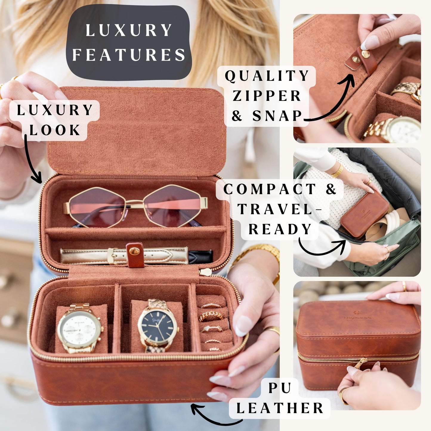DIGICASE Watch and Jewelry Travel Case for Men & Women, Luxury PU Leather Organizer for 2 Watches, Rings, Earrings & Sunglasses - Black - Zippered Compact Travel Storage Jewelry Holder Gift (BROWN)