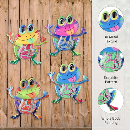 Metal Frog Wall Decor, 4Pcs Frog Iron Wall Art Sculptures Art Frogs Wall Hanging Sculpture Decoration. Outdoor Fence Art for Home Garden, Fence, Patio, Yard, Bedroom Outside Gifts for Adults
