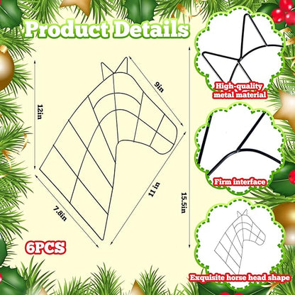 6 Pcs 15.5 Inch Christmas Wreath Horse Head Wreath Metal Frame Horse Wire Garland Xmas Garland for Farmhouse Holiday Wall Porch Door Home Chair Fireplace Hanging Decor Xmas Tree Ornament