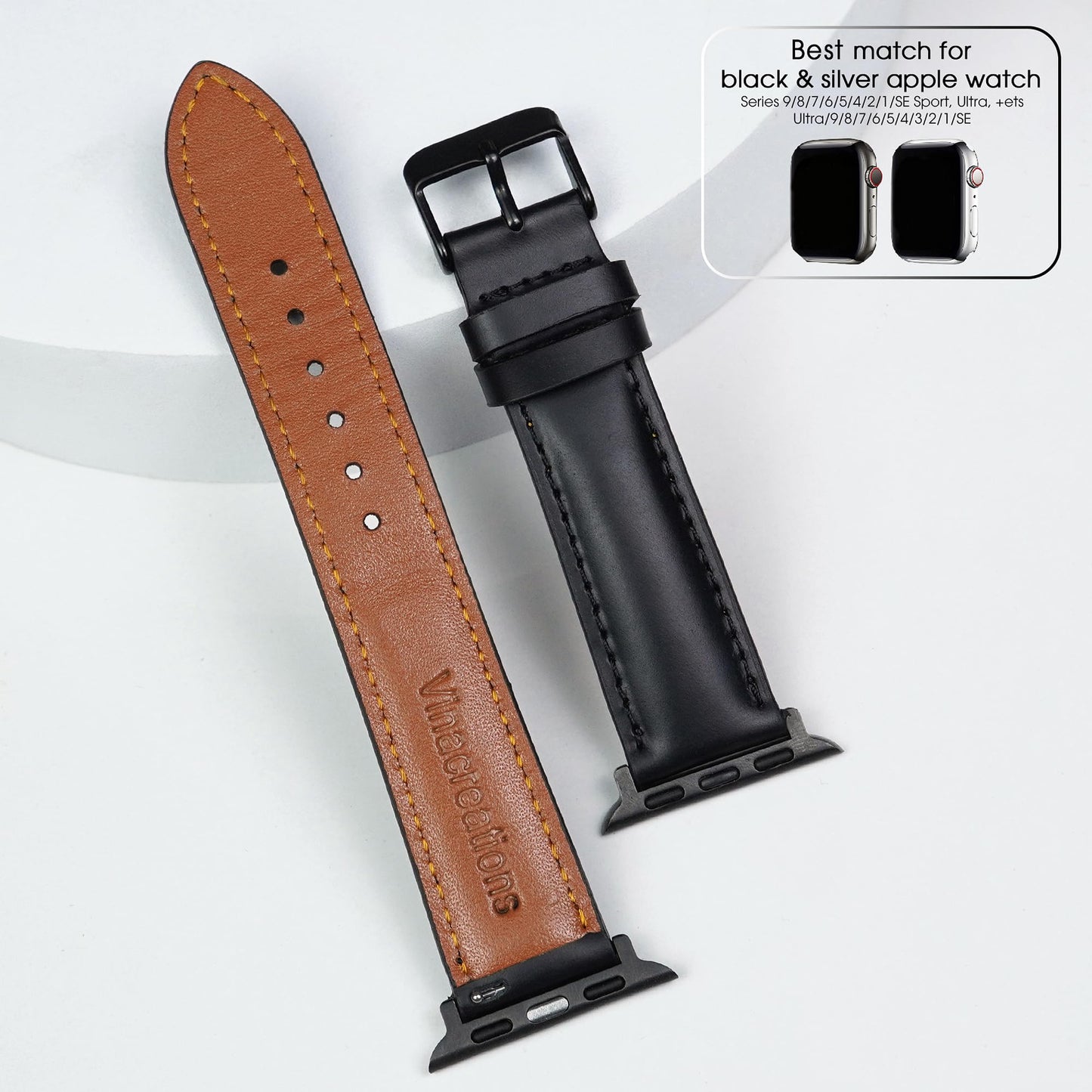 Black Full Grain Leather Watch Strap Compatible for Apple Watch Bands With 49mm 46mm 45mm 44mm 42mm Iwatch Men Handmade Replacement Band For Smartwatch Series 11 10 9 8 7 6 5 4 3 2 1 SE Gift Vintage AW-201-DE-LL