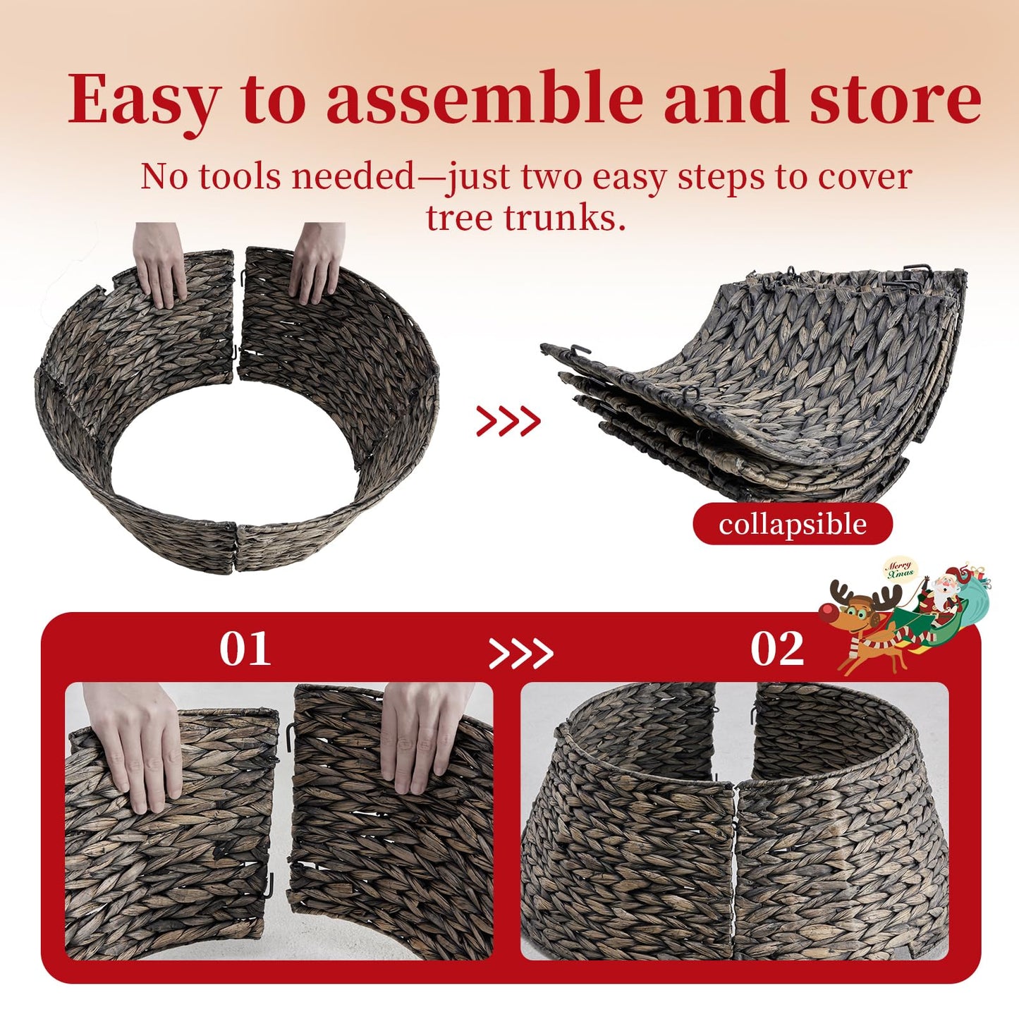 DUMOS 24in Christmas Tree Collar for 4-7ft Trees, Handcrafted Woven Hyacinth Rattan 4-Panel w/Cord Access Hole & Easy Lock Design, Holiday Decor, Black