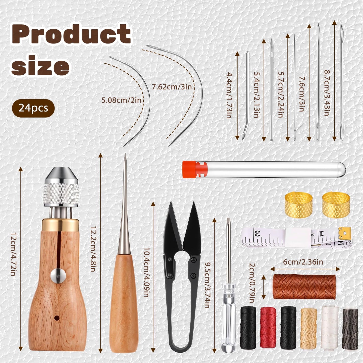24pcs Leather Sewing Awl Needles Kit Professional Portable Leather Stitching Tool with Straight Curved Needles Waxed Threads Screwdriver Scissors Tape Measure for Furniture Repair